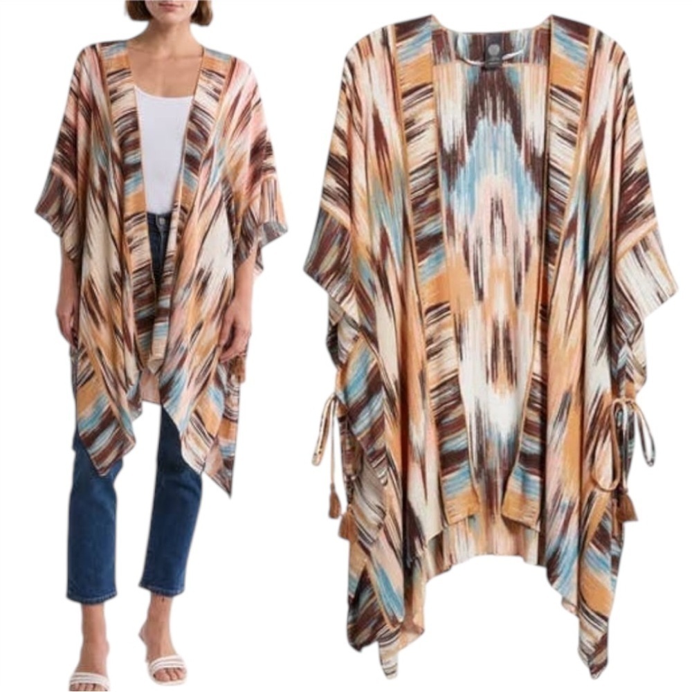 NWT Vince Camuto Cream Sand Multi Ikat V-Neck Tassels Boho Kimono Duster Sz OS